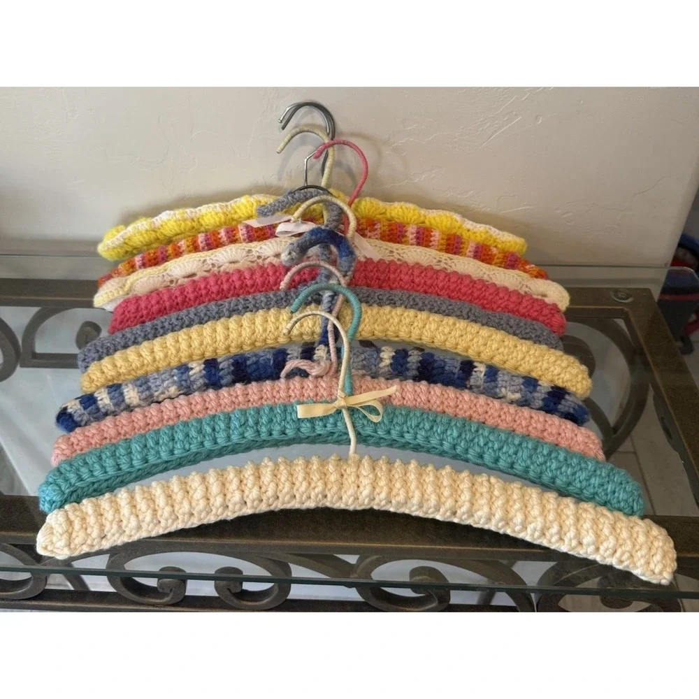 10 PC Vtg 70s Handmade Crochet Padded Clothes Hanger Lot Retro Cottagecore Boho